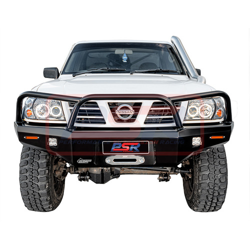 Nissan Patrol GU Series 1-2-3 Ambush Satin Black Triple Hoop (Angry Eye) Bar, Slimline Black Fairlead, 2 Tab