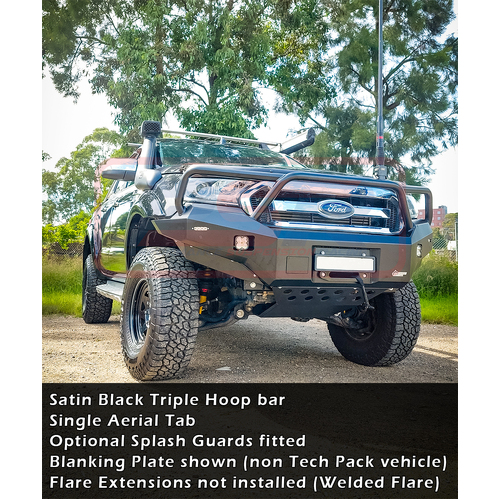 Ford Ranger PX MK2 8/15-7/18 Ambush Satin Black Triple Hoop Bar, Pre-Runner Infill (No Body Lift), Slimline Black Fairlead, Tab