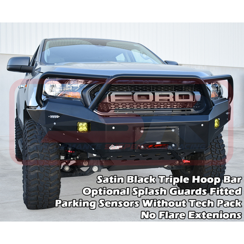 Ford Ranger PX MK3 8/18-ON Ambush Satin Black Triple Hoop Bar, Pre-Runner Infill (No Body Lift), Slimline Black Fairlead, Tab